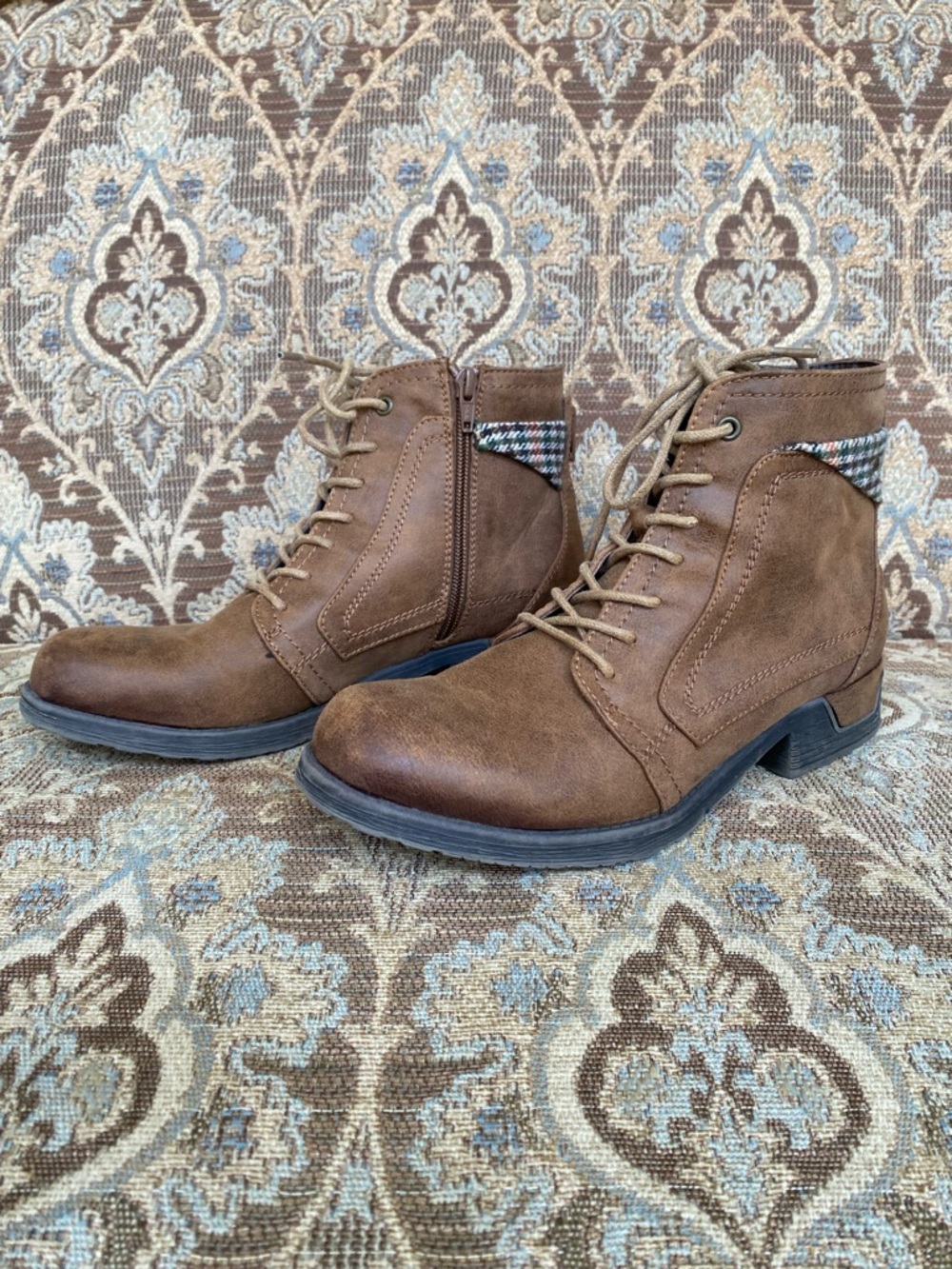 White Mountain Rosalie Cognac Plaid Lace-Up Zipper Ankle Boots Women's 8.5M